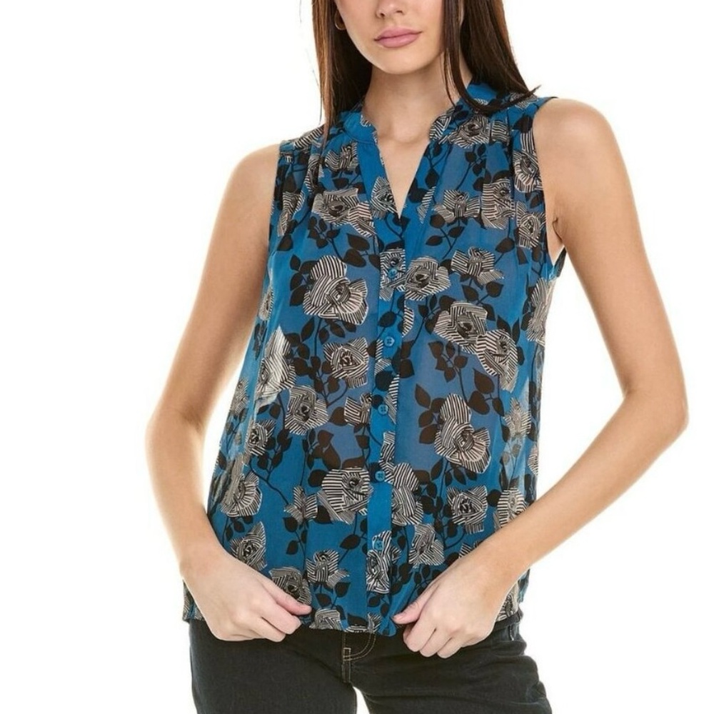 CAbi Blue and Black Floral Women's Blouse
